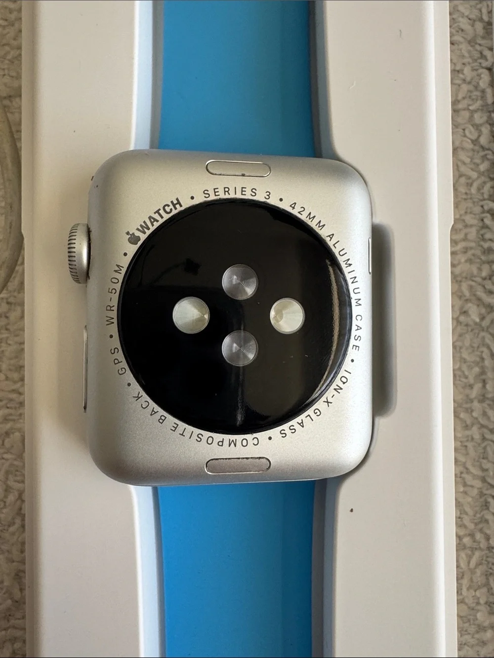 Apple Watch Series 3 with Bright Blue Sport Band Magnetic Charger and Case